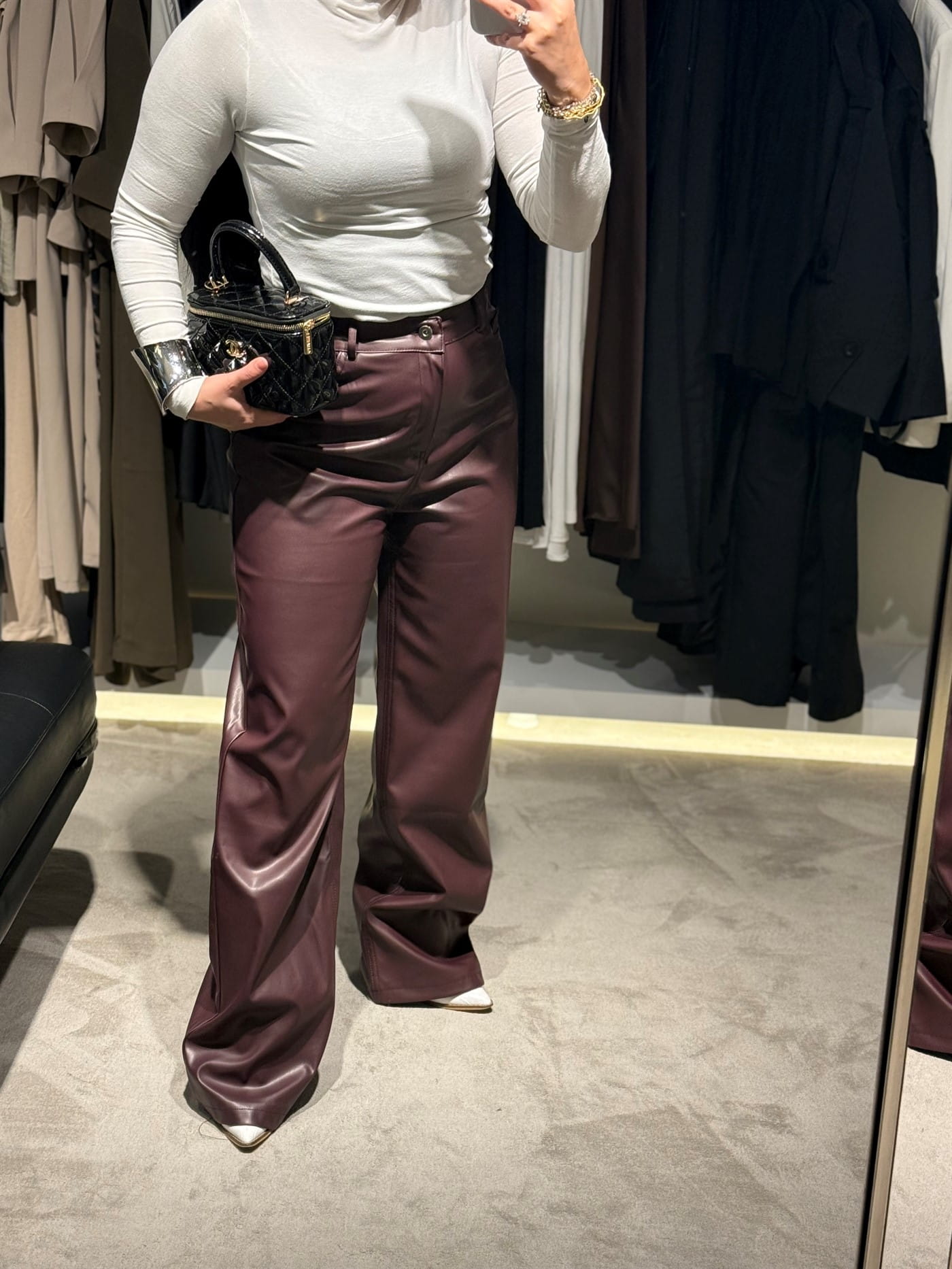 Borda deri yüksek bel pantolon