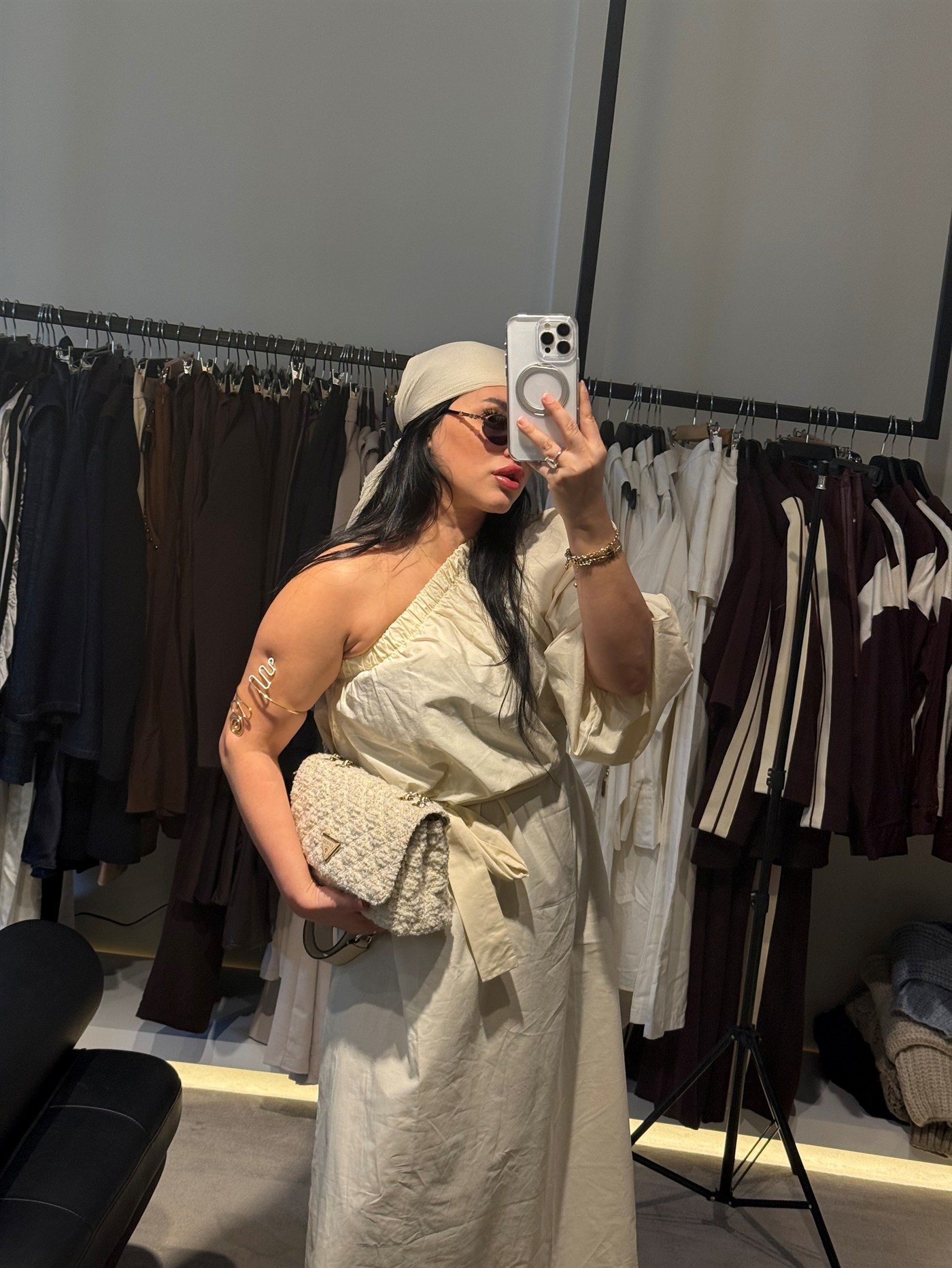 Krem  tek kol elbise