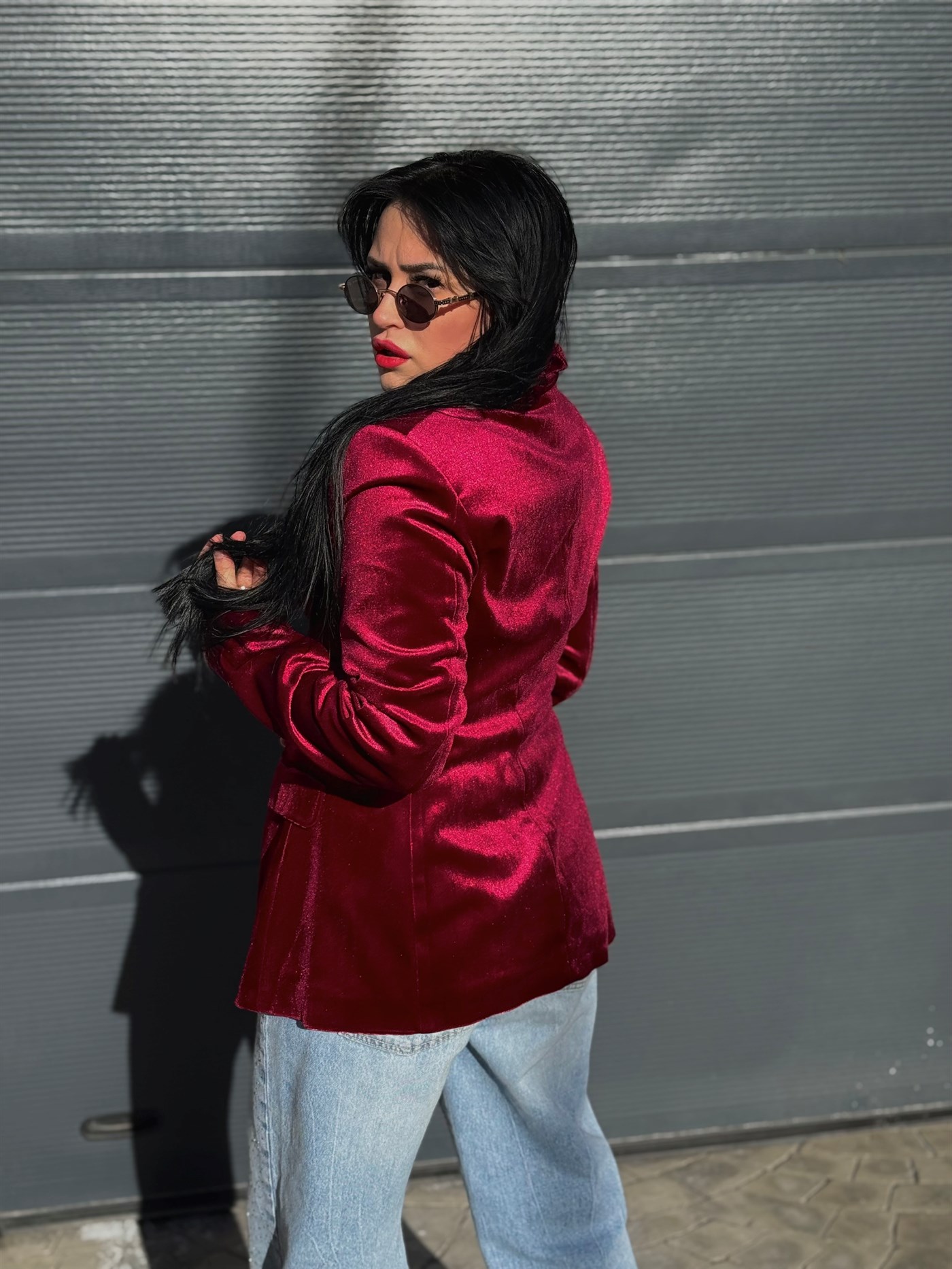 OMUZ VATKALI TEK DÜĞME KADİFE FUŞYA CEKET