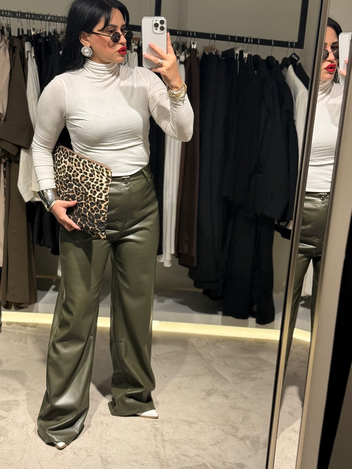 Yeşil yüksek bel deri pantalon